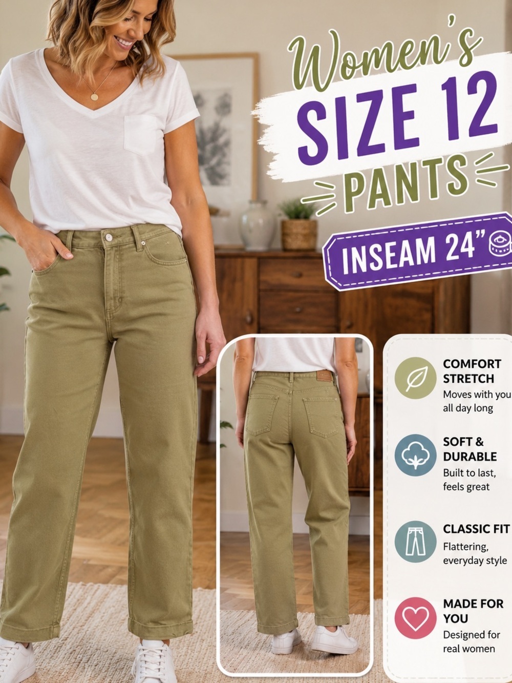 Gloria Vanderbilt Olive Green Straight-Leg Chinos size 12 inseam 24”